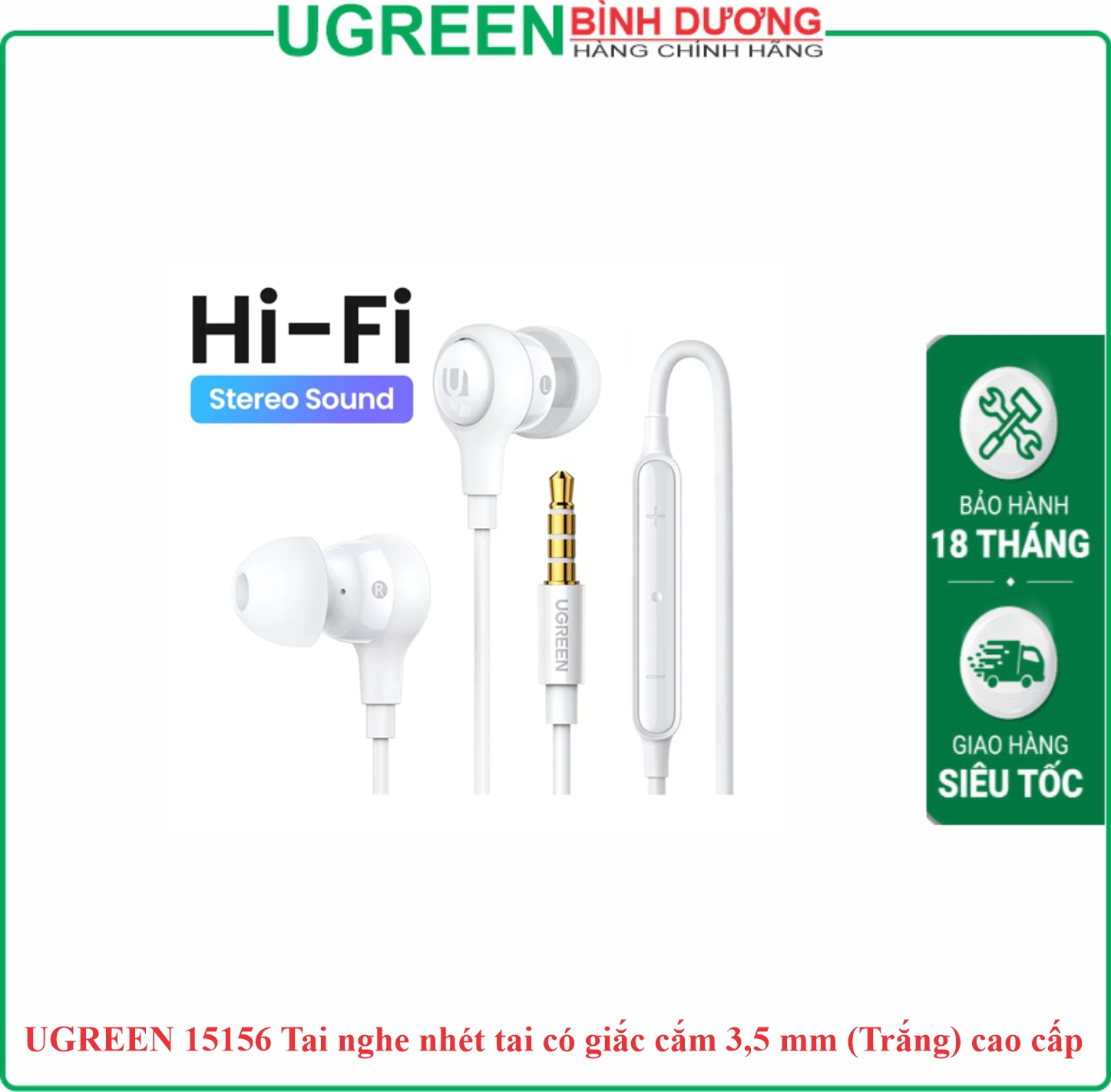 UGREEN 15156 Tai nghe nhét tai có giắc cắm 3,5 mm (Trắng) cao cấp