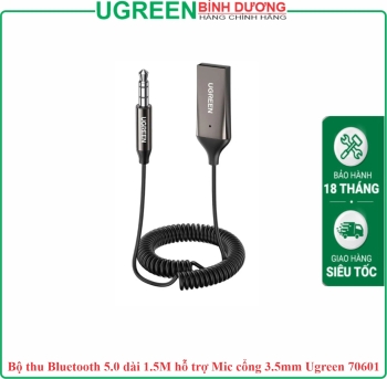 Bộ thu Bluetooth 5.0 cho ô tô, cáp lò xo dài 1,5M hỗ trợ Mic cổng 3.5mm Ugreen 70601 cao cấp