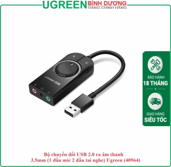 Bộ chuyển đổi USB 2.0 ra âm thanh 3.5mm (1 đầu mic 2 đầu tai nghe) Ugreen (40964)