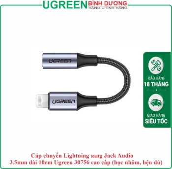 Cáp chuyển Lightning sang Jack Audio 3.5mm dài 10cm Ugreen 30756 cao cấp (bọc nhôm, bện dù)