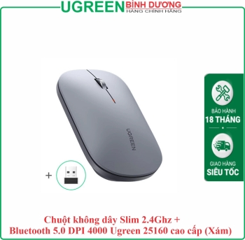 Chuột không dây Slim 2.4Ghz + Bluetooth 5.0 DPI 4000 Ugreen 25160 cao cấp (Xám)
