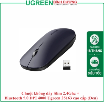 Chuột không dây Slim 2.4Ghz + Bluetooth 5.0 DPI 4000 Ugreen 25163 cao cấp (Đen)