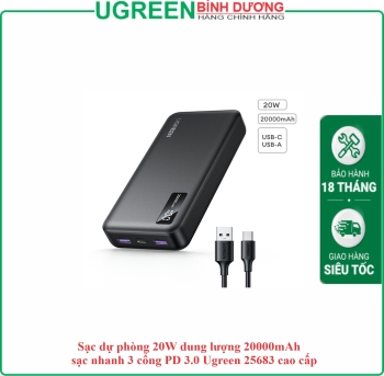 Sạc dự phòng 20W dung lượng 20000mAh sạc nhanh 3 cổng PD 3.0 Ugreen 25683 cao cấp