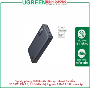 Sạc dự phòng 10000mAh Slim sạc nhanh 2 chiều, PD 20W, PD 3.0, LED hiển thị, Ugreen 25742 PB311 cao cấp