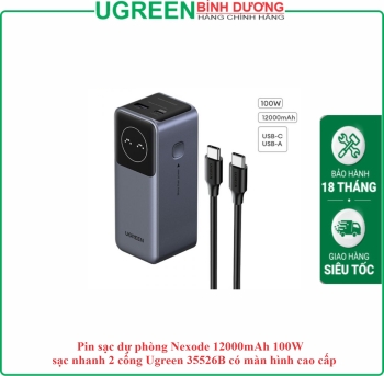 Pin sạc dự phòng Nexode 12000mAh 100W sạc nhanh 2 cổng Ugreen 35526B có màn hình cao cấp