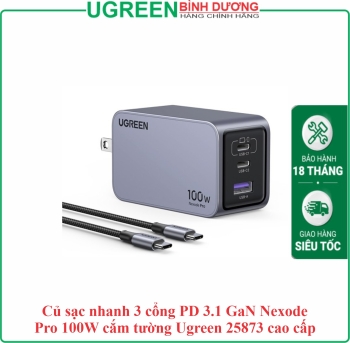 Củ sạc nhanh 3 cổng PD 3.1 GaN Nexode Pro 100W cắm tường Ugreen 25873 cao cấp