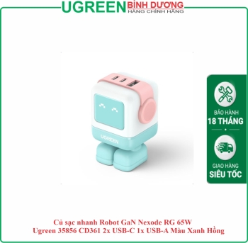 Củ sạc nhanh Robot GaN Nexode RG 65W Ugreen 35856 CD361 2x USB-C 1x USB-A Màu Xanh Hồng