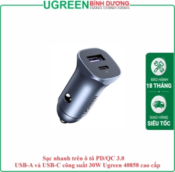 Sạc nhanh trên ô tô PD/QC 3.0 USB-A và USB-C công suất 30W Ugreen 40858 cao cấp