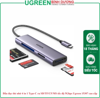 Đầu đọc thẻ nhớ 4 in 1 Type-C ra SD/TF/CF/MS tốc độ 5Gbps Ugreen 15307 cao cấp