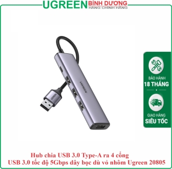 Hub chia USB 3.0 Type-A ra 4 cổng USB 3.0 tốc độ 5Gbps dây bọc dù vỏ nhôm Ugreen 20805