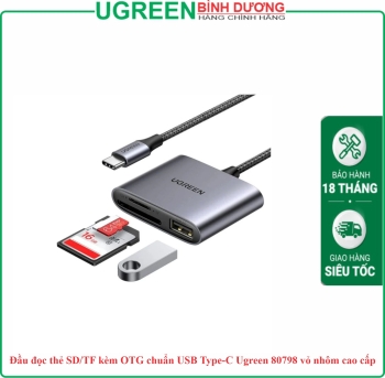 Đầu đọc thẻ SD/TF kèm OTG chuẩn USB Type-C Ugreen 80798 vỏ nhôm cao cấp