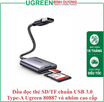 Đầu đọc thẻ SD/TF chuẩn USB 3.0 Type-A Ugreen 80887 vỏ nhôm cao cấp