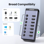 Bộ HUB chia 7 cổng USB 3.0 5Gbps vỏ nhôm, công tắc Ugreen 90305 (kèm nguồn 12V2A) cao cấp
