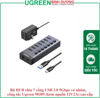 Bộ HUB chia 7 cổng USB 3.0 5Gbps vỏ nhôm, công tắc Ugreen 90305 (kèm nguồn 12V2A) cao cấp