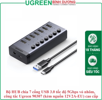 Bộ HUB chia 7 cổng USB 3.0 tốc độ 5Gbps vỏ nhôm, công tắc Ugreen 90307 (kèm nguồn 12V2A-EU) cao cấp