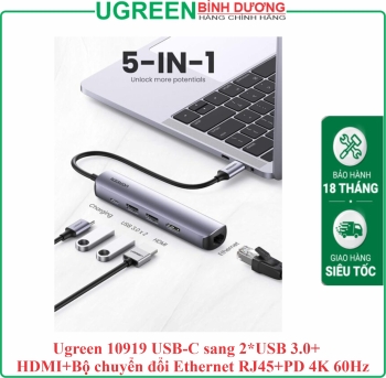 Bộ chuyển đổi Type C UGREEN 10919 – Type C sang HDMI, USB 3.0, Lan Gigabit và PD 100W – Hỗ trợ phân giải 4K*2K@30Hz, Tốc độ truyền 5Gbps