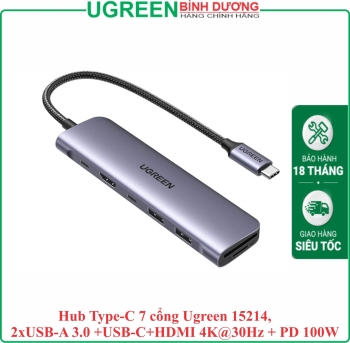 Ugreen 15214 Bộ chuyển đổi USB-C đến 2xUSB3.0+USB-C+HDMI+SD&TF+PD 4K@30Hz