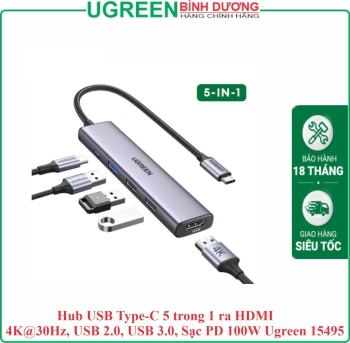 Hub USB Type-C 5 trong 1 ra HDMI 4K@30Hz, USB 2.0, USB 3.0, Sạc PD 100W Ugreen 15495