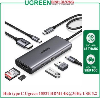 Ugreen 15531 Bộ chuyển đổi USB-C sang HDMI+2*USB 3.2 A+ USB-C 3.2+SD/TF+PD 10Gbps 4K@30Hz với PD