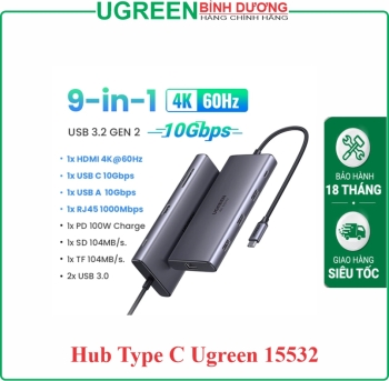 Ugreen 15532 Hub chuyển USB typeC sang 2*USB A3.0 + 1USBA + 1USB-C + HDMI + RJ45 Gigabit + SD/TF