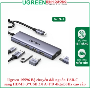 Ugreen 15596 Bộ chuyển đổi nguồn USB-C sang HDMI+3*USB 3.0 A+PD 4K@30Hz cao cấp