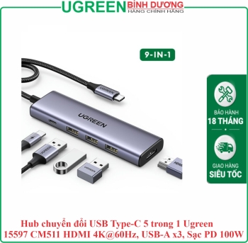Hub chuyển đổi USB Type-C 5 trong 1 Ugreen 15597 CM511 HDMI 4K@60Hz, USB-A x3, Sạc PD 100W