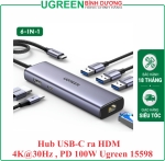 Bộ chuyển USB-C 6 in 1 Ugreen 15598 CM512, HDMI 4K@30Hz + 3x USB 3.0 + Lan 1Gbps + PD100W