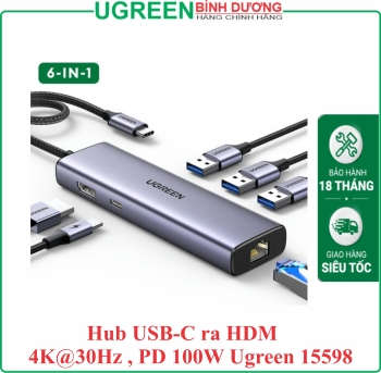 Bộ chuyển USB-C 6 in 1 Ugreen 15598 CM512, HDMI 4K@30Hz + 3x USB 3.0 + Lan 1Gbps + PD100W