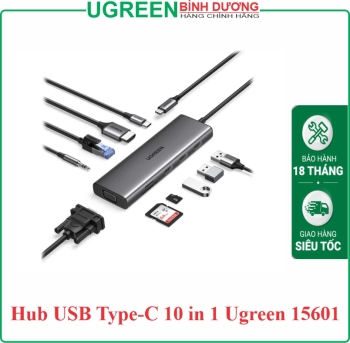 Hub USB Type-C 10 in 1 Ugreen 15601 CM498 1x HDMI 4k30Hz, VGA FullHD, 3x USB 3.0, Lan 1Gbps, 3.5mm, SD/TF, Sạc PD 100W