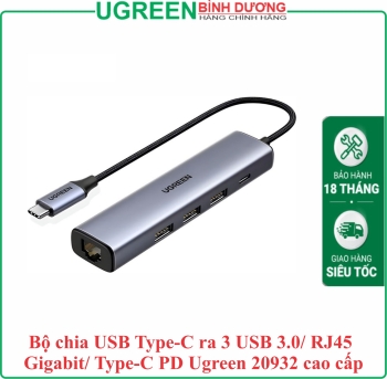 Bộ chia USB Type-C ra 3 USB 3.0/ RJ45 Gigabit/ Type-C PD Ugreen 20932 cao cấp