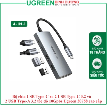 Bộ chia USB Type-C ra 2 USB Type-C 3.2 và 2 USB Type-A 3.2 tốc độ 10Gpbs Ugreen 30758 cao cấp