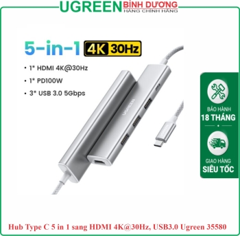 USB-C Hub 5 trong 1 Ugreen 35580 CM417 HDMI 4K, PD 100W, 3 x USB A 3.0 5Gbps cho MacBook Pro/Air, iPad Pro, iMac, iPhone 15 Pro/Pro Max, XPS, Thinkpad