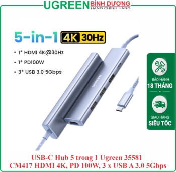 USB-C Hub 5 trong 1 Ugreen 35581 CM417 HDMI 4K, PD 100W, 3 x USB A 3.0 5Gbps cho MacBook Pro/Air, iPad Pro, iMac, iPhone 15 Pro/Pro Max, XPS, Thinkpad...