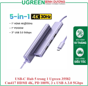 USB-C Hub 5 trong 1 Ugreen 35582 CM417 HDMI 4K, PD 100W, 3 x USB A 3.0 5Gbps cho MacBook Pro/Air, iPad Pro, iMac, iPhone 15 Pro/Pro Max, XPS, Thinkpad..