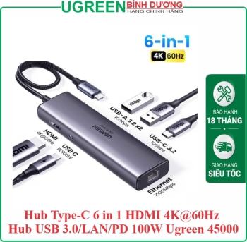 Ugreen 45000 Hub USB-C Đa Năng 6 Trong 1, HDMI+2*USB-A 3.2+1*USB 3.2 C+RJ45+ 100W PD cao cấp