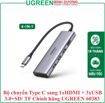 Bộ chuyển Type C sang 1xHDMI + 3xUSB3.0+SD/ TF Chính hãng UGREEN 60383