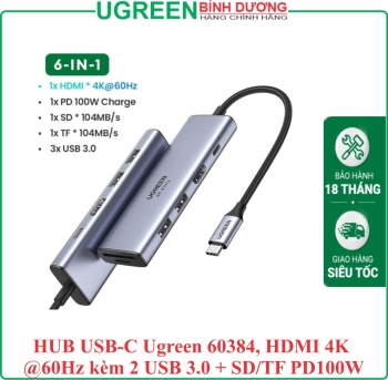 Thiết bị mở rộng Type-C 5 in 1 Sang HDMI 4K@60HZ + USB 3.0*2 + SD/TF + PD 100W Ugreen 60384 cao cấp