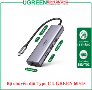 Bộ chuyển USB C 7 trong 1 Ugreen 60515, hỗ trợ HDMI 4K@60Hz + USB + LAN Gigabit + SD/ TF + PD100W
