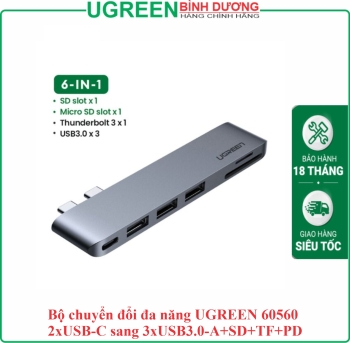 Bộ chuyển đổi đa năng UGREEN 60560 2xUSB-C sang 3xUSB3.0-A+SD+TF+PD