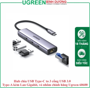 Hub chia USB Type-C to 3 cổng USB 3.0 Type-A kèm Lan Gigabit, vỏ nhôm chính hãng Ugreen 60600