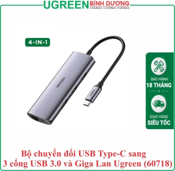 Bộ chuyển đổi USB Type-C sang 3 cổng USB 3.0 và Giga Lan Ugreen (60718)