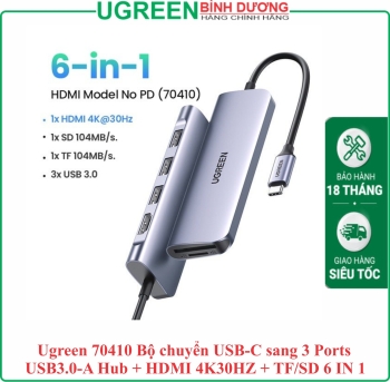 Ugreen 70410 - Bộ chuyển USB-C sang 3 Ports USB3.0-A Hub + HDMI 4K30HZ + TF/SD 6 IN 1