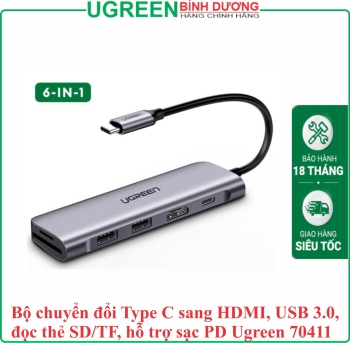 Bộ chuyển đổi Type C sang HDMI, USB 3.0, đọc thẻ SD/TF, hỗ trợ sạc PD Ugreen 70411