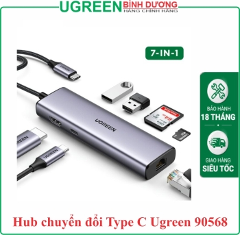 Ugreen 90568 Bộ chuyển đổi cổng USB-C sang 2*USB3.0+HDMI+RJ45+SD&TF +PD 4K30Hz