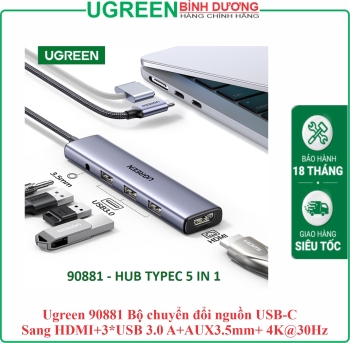 Ugreen 90881 Bộ chuyển đổi nguồn USB-C Sang HDMI+3*USB 3.0 A+AUX3.5mm+ 4K@30Hz
