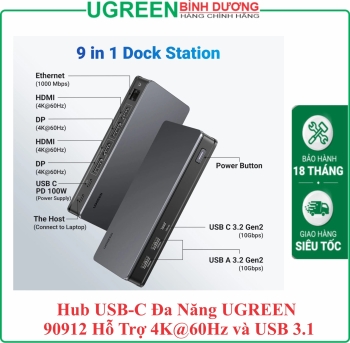 Bộ chuyển Docking USB-C 9 in 1 Ugreen 90912, hỗ trợ 2*DisplayPort 4K60Hz, 2*HDMI 4K60Hz, RJ45, PD 100W,1xUSB C 10Gbps, 2*USB A 10Gbps