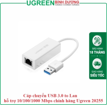 Cáp chuyển USB 3.0 to Lan hỗ trợ 10/100/1000 Mbps chính hãng Ugreen 20255