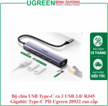 Bộ chia USB Type-C ra 3 USB 3.0/ RJ45 Gigabit/ Type-C PD Ugreen 20932 cao cấp