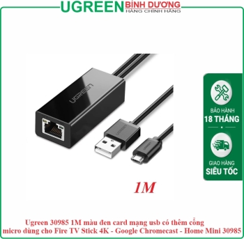 Ugreen 30985 1M màu đen card mạng usb có thêm cổng micro dùng cho Fire TV Stick 4K - Google Chromecast - Home Mini 30985