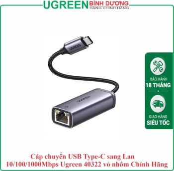 Cáp chuyển USB Type-C sang Lan 10/100/1000Mbps Ugreen 40322 vỏ nhôm Chính Hãng